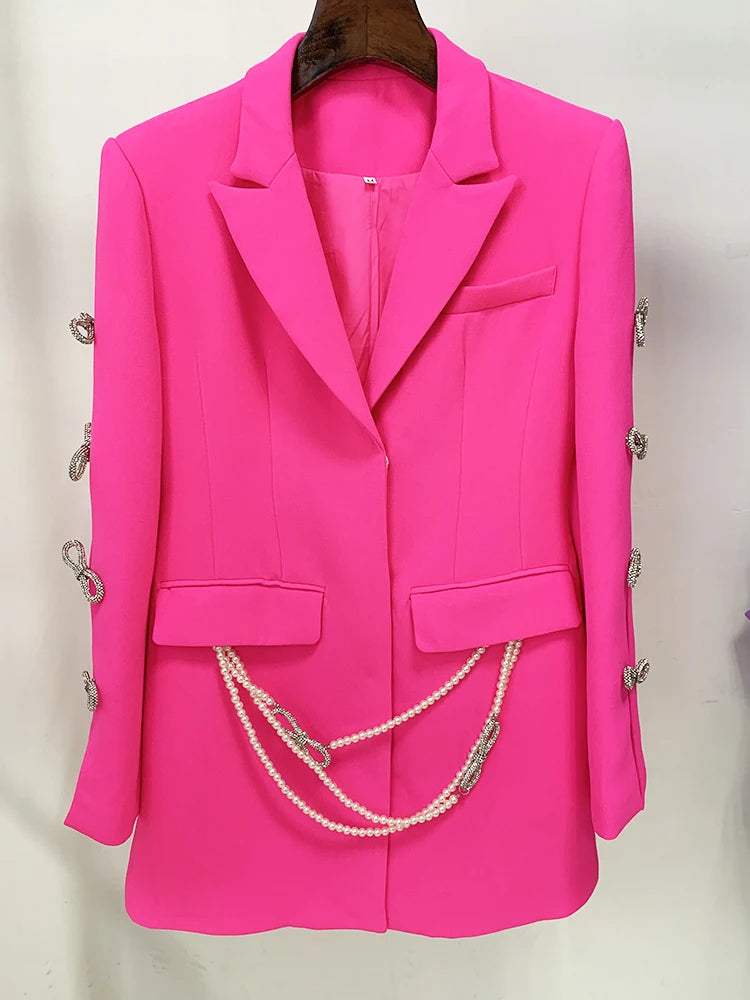 Designer Stylish Women Pearls Chain Diamonds Beaded Hollow Out long sleeved Blazer Dress