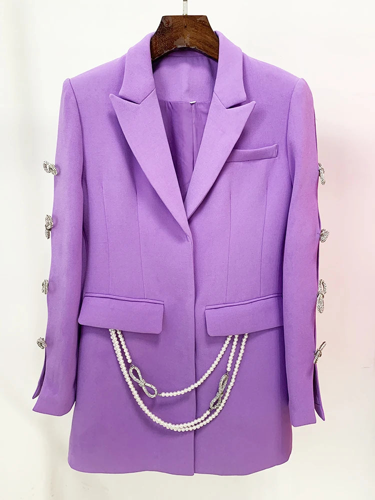 Designer Stylish Women Pearls Chain Diamonds Beaded Hollow Out long sleeved Blazer Dress