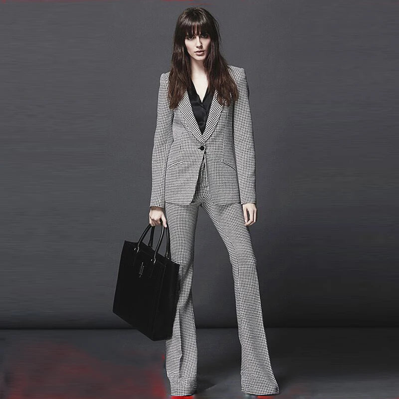 Designer Suit Set Women's Career Style Single Button Plaid Blazer Flare Pants Suit