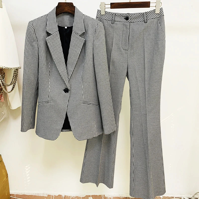 Designer Suit Set Women's Career Style Single Button Plaid Blazer Flare Pants Suit