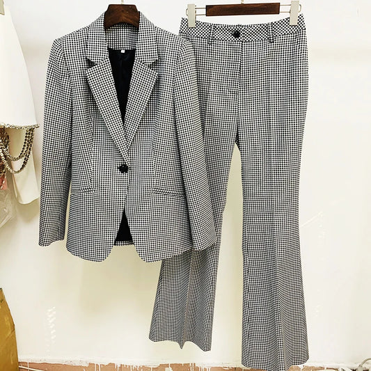 Newest Designer Suit Set Women's Career Style Single Button Plaid Blazer Flare Pants Suit