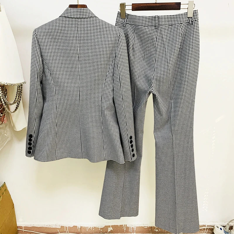 Designer Suit Set Women's Career Style Single Button Plaid Blazer Flare Pants Suit