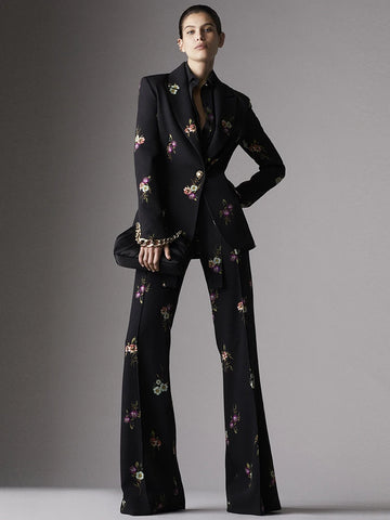 Suit Set Women's Elegant Floral Printed Single Button Blazer Flare Pants Suit 2pcs