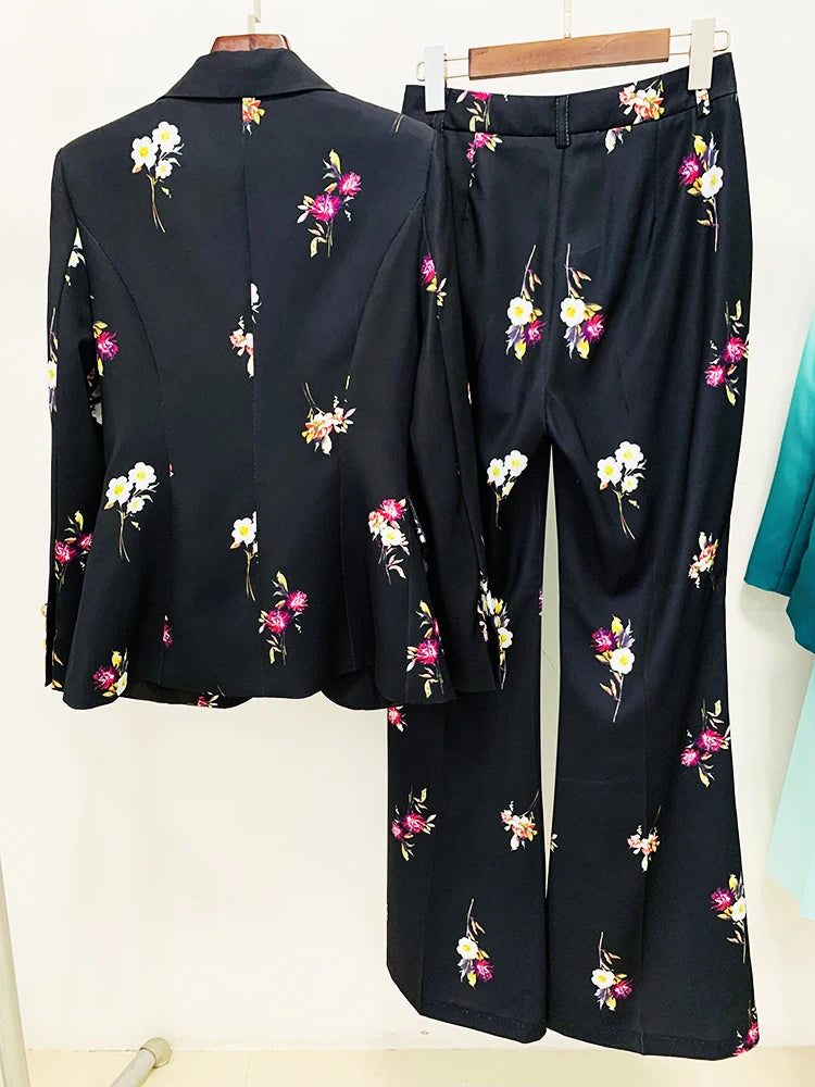 Suit Set Women's Elegant Floral Printed Single Button Blazer Flare Pants Suit 2pcs
