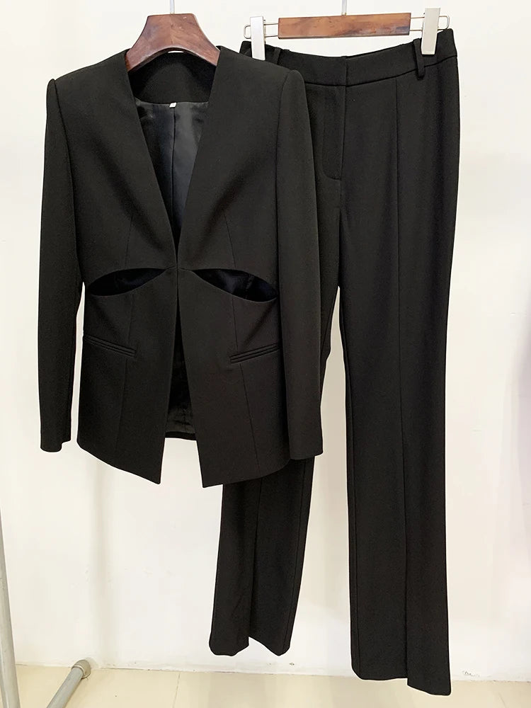 Conjunto de traje para mujer, blazer sin cuello calado, pantalón con abertura, nuevo