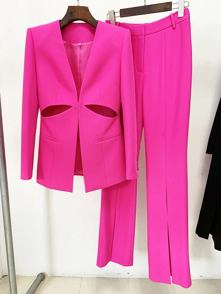 Conjunto de traje para mujer, blazer sin cuello calado, pantalón con abertura, nuevo