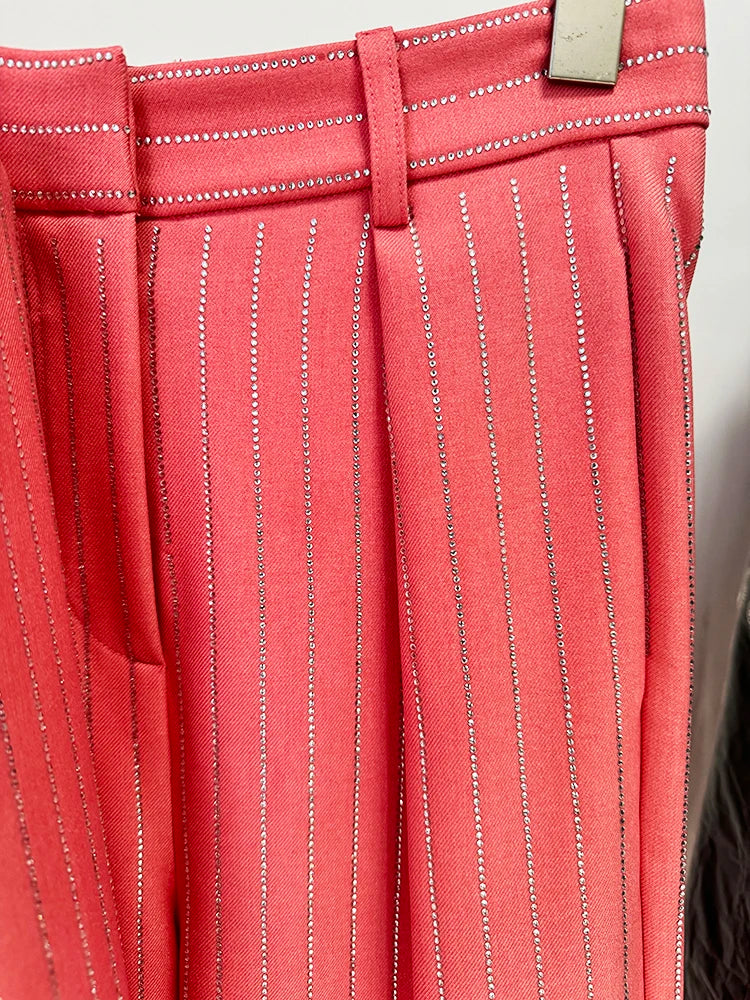 Suit Set Women's Single Button Striped Diamonds Blazer Pants Suit 2PCS