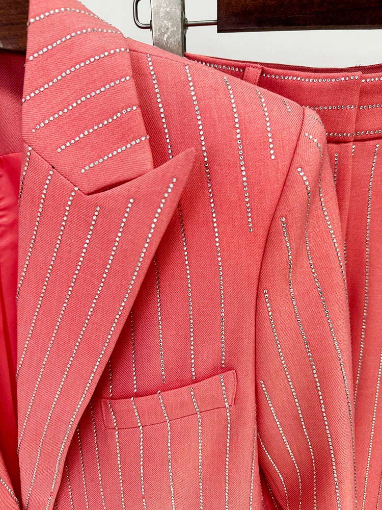 Suit Set Women's Single Button Striped Diamonds Blazer Pants Suit 2PCS