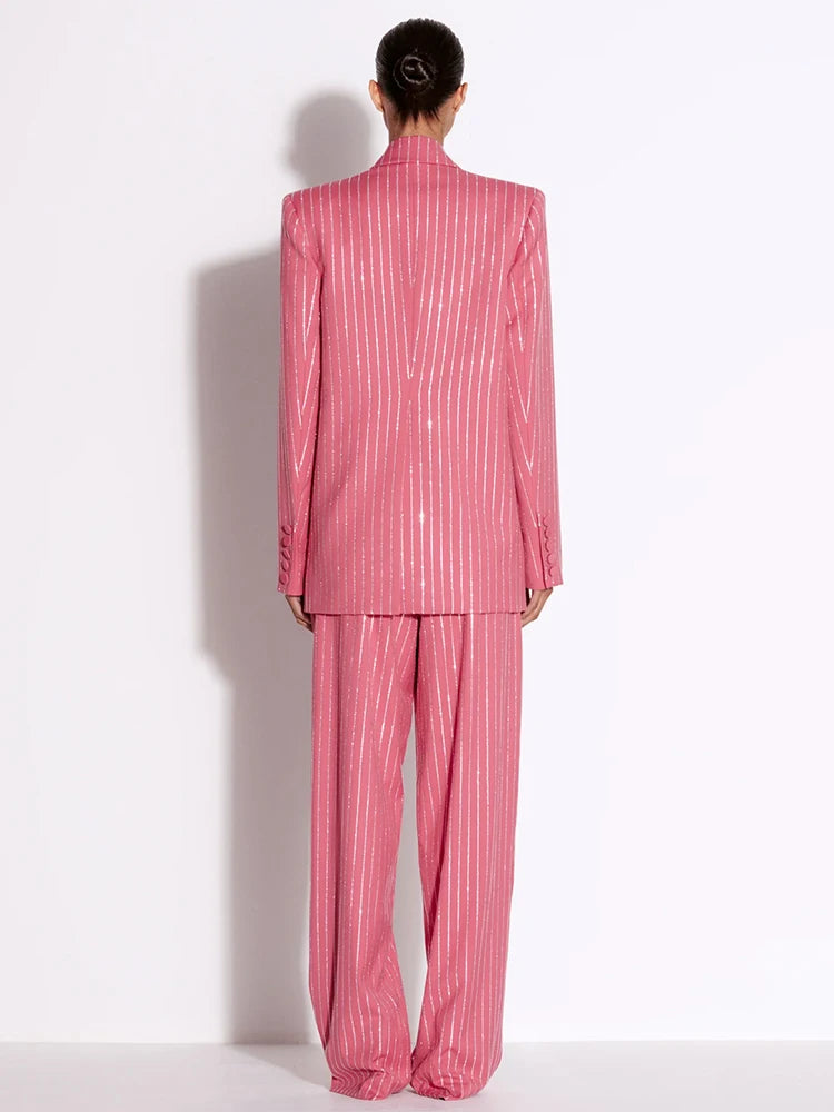 Suit Set Women's Single Button Striped Diamonds Blazer Pants Suit 2PCS