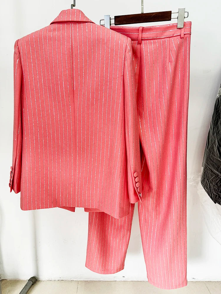 Suit Set Women's Single Button Striped Diamonds Blazer Pants Suit 2PCS