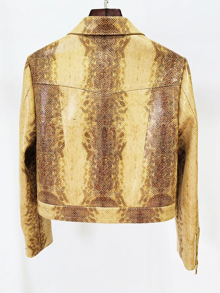 Suit Set Women's Snake Skin Patterned Leather Jacket Flare Pants Set