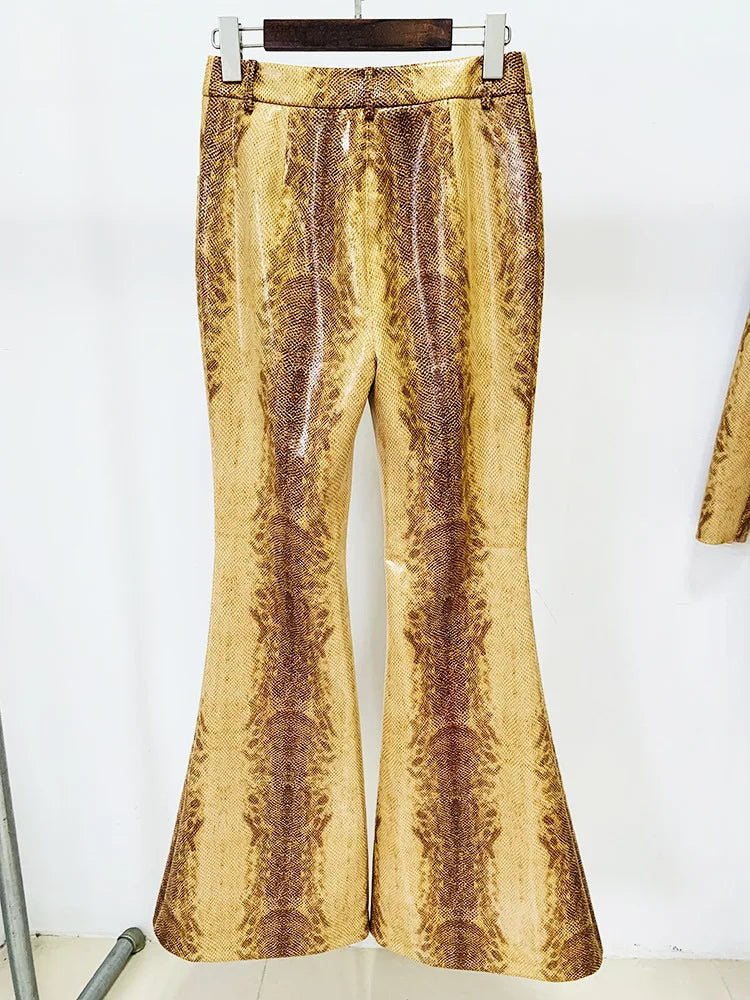 Suit Set Women's Snake Skin Patterned Leather Jacket Flare Pants Set