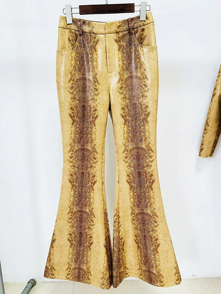 Suit Set Women's Snake Skin Patterned Leather Jacket Flare Pants Set