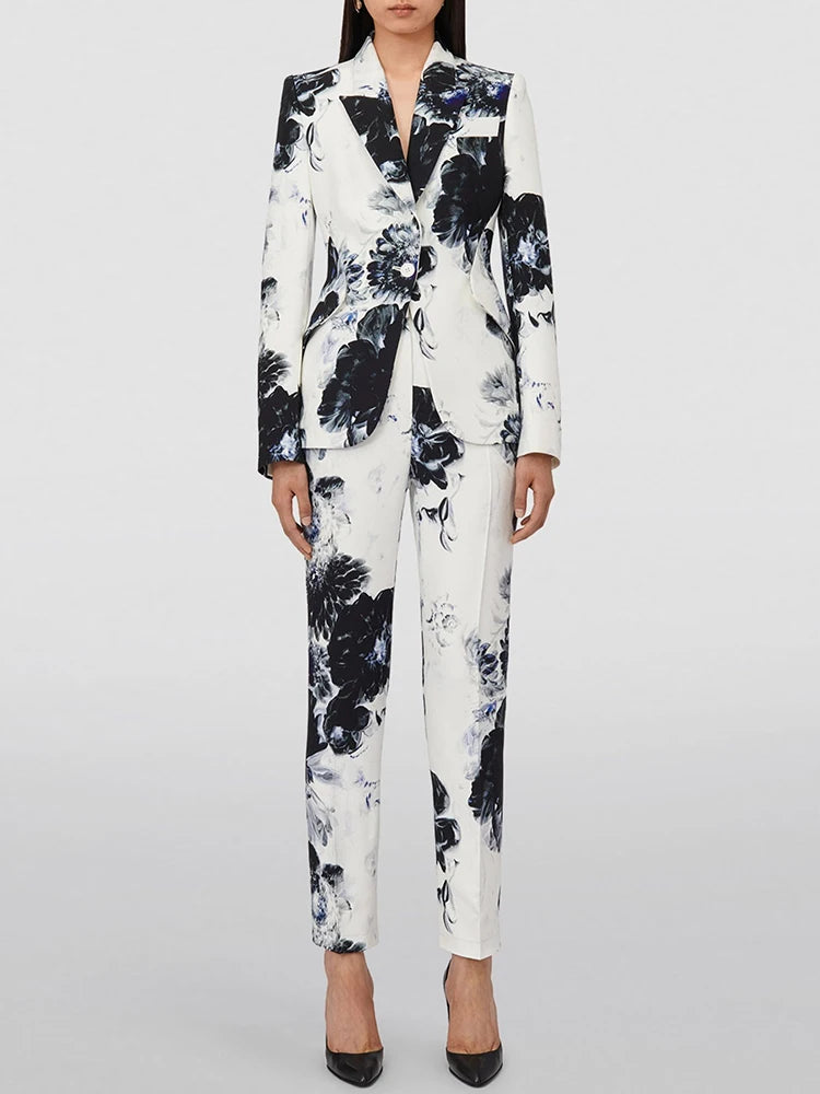 Elegant Floral Print Women's Blazer and Pencil Pants Set – Chic 2-Piece Suit for Stylish Occasions