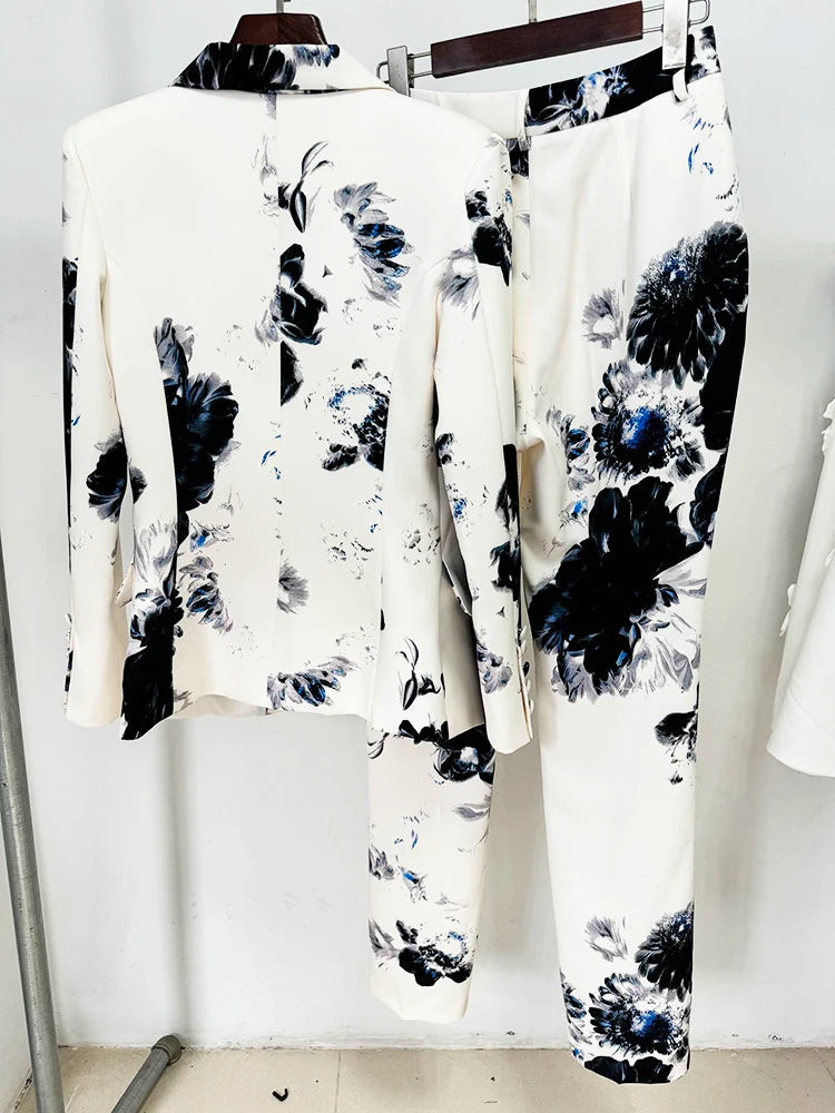 Elegant Floral Print Women's Blazer and Pencil Pants Set – Chic 2-Piece Suit for Stylish Occasions
