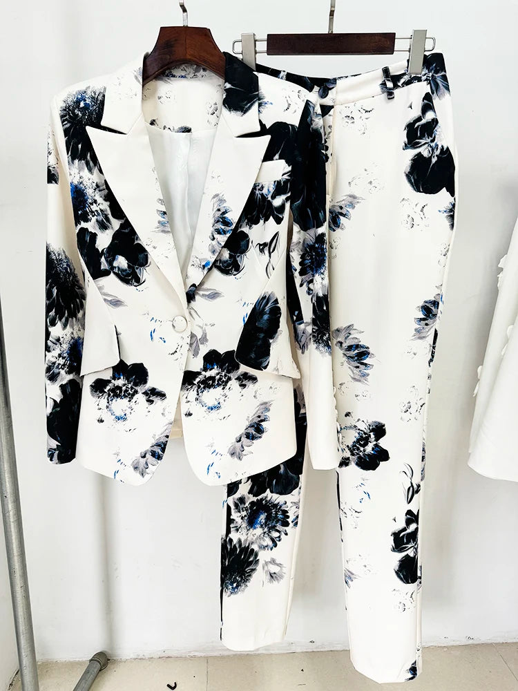 Conjunto de blazer y pantalón tubo con estampado floral para mujer: un elegante traje de dos piezas para ocasiones especiales.
