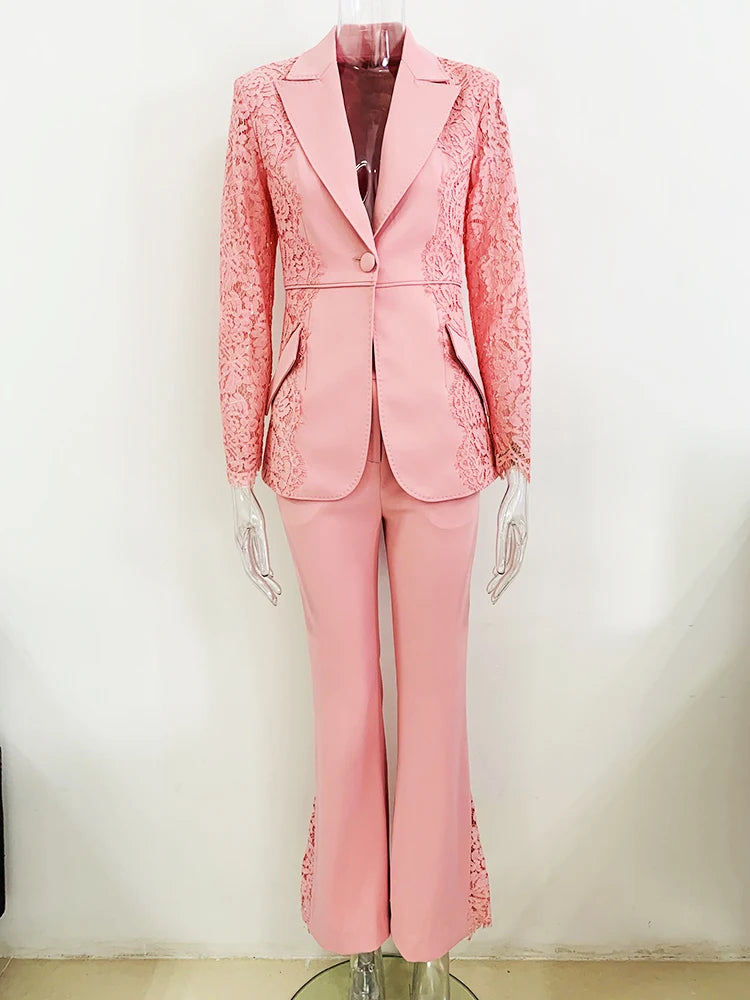 Suit Set Women's Lace Patchwork Single Button Blazer Flare Pants Set 2pcs