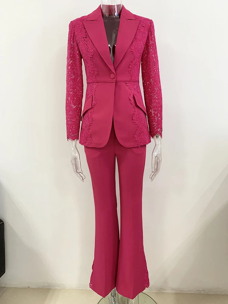 Suit Set Women's Lace Patchwork Single Button Blazer Flare Pants Set 2pcs