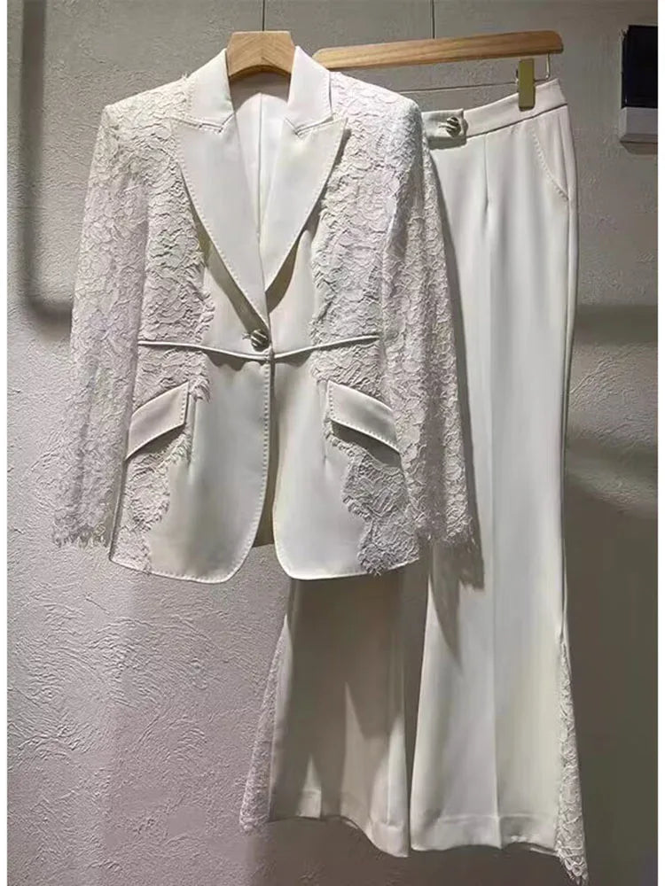 Suit Set Women's Lace Patchwork Single Button Blazer Flare Pants Set 2pcs