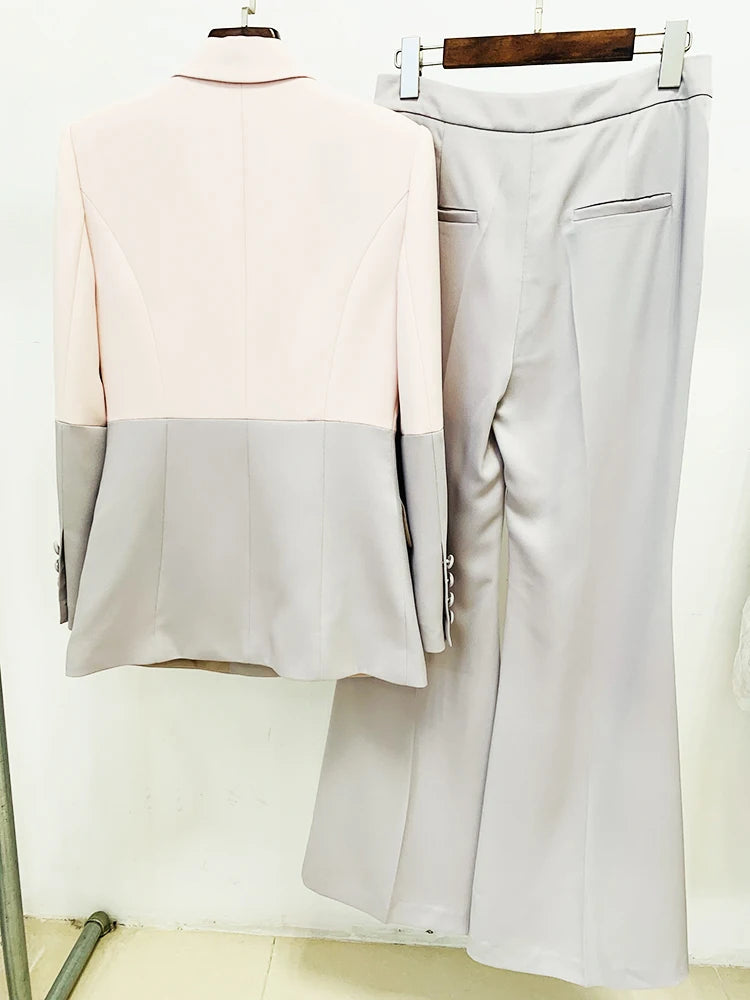Conjunto de traje para mujer, estilo carrera, moda, blazer de un solo botón con bloques de color, pantalón ancho.