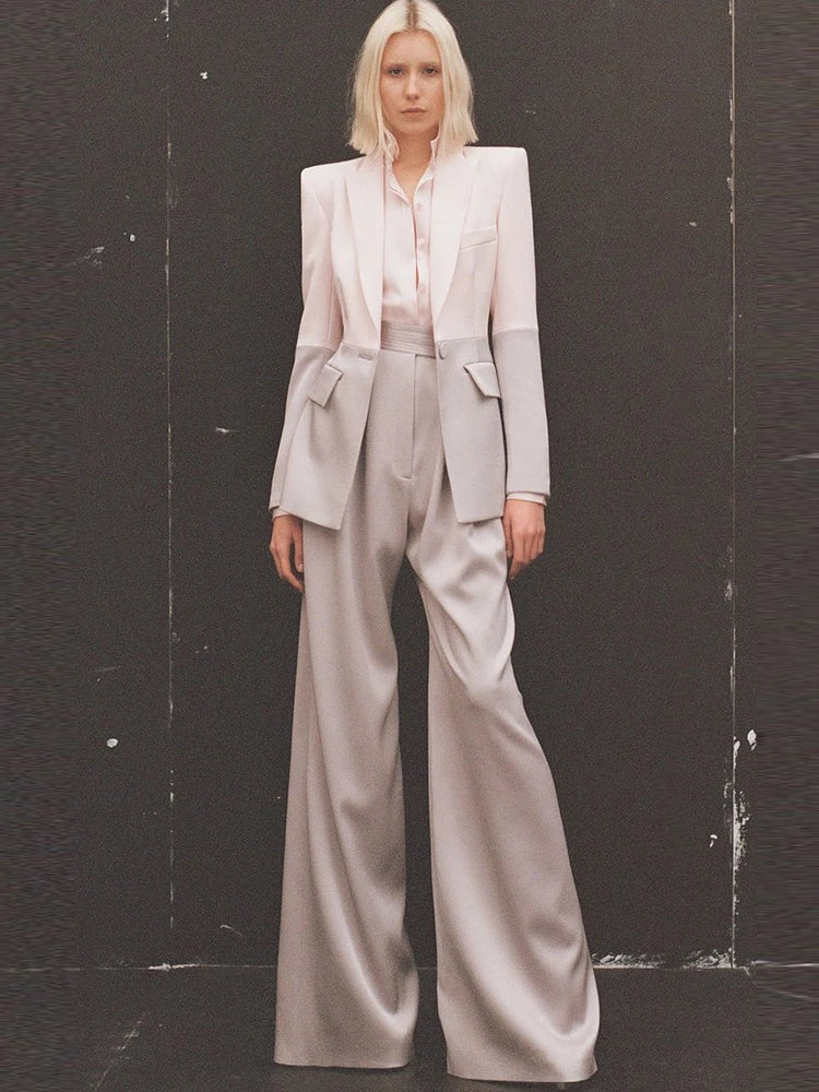 Conjunto de traje para mujer, estilo carrera, moda, blazer de un solo botón con bloques de color, pantalón ancho.