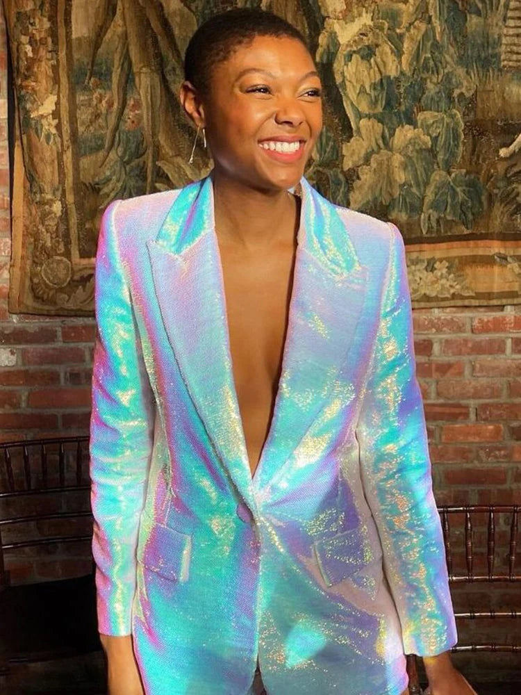 Conjunto de traje elegante para mujer, blazer y pantalones cortos con lentejuelas brillantes y un solo botón.