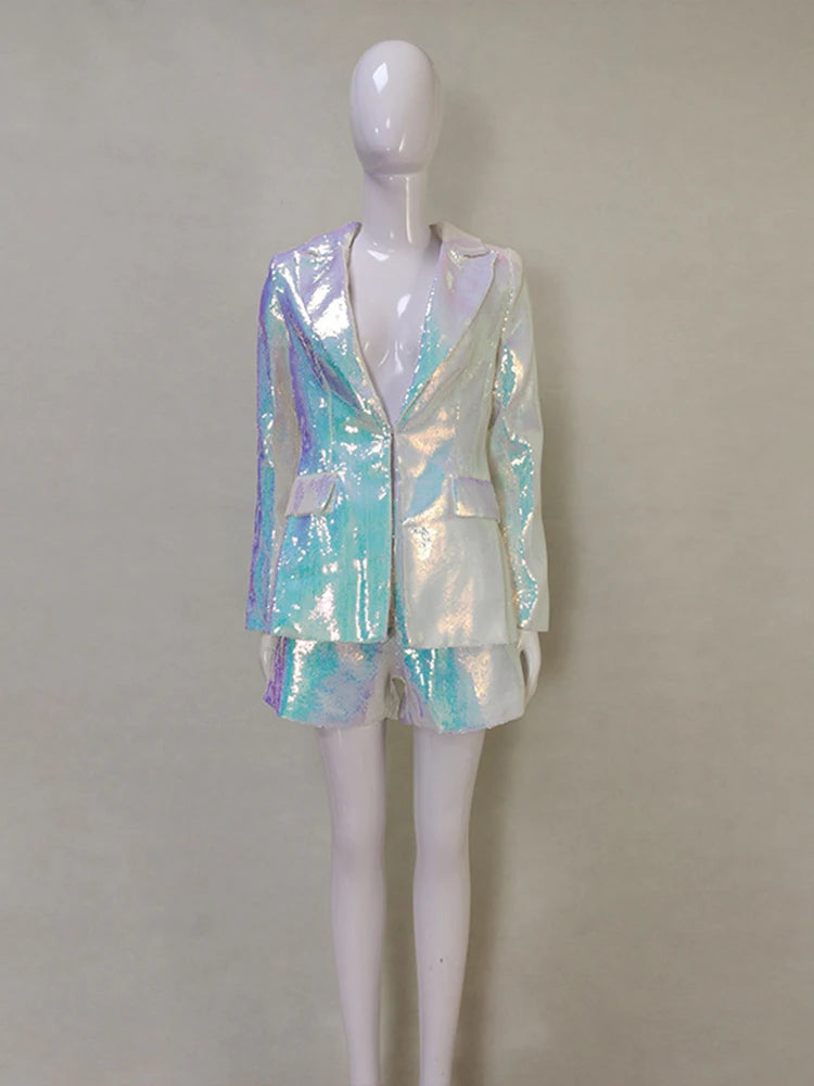 Conjunto de traje elegante para mujer, blazer y pantalones cortos con lentejuelas brillantes y un solo botón.