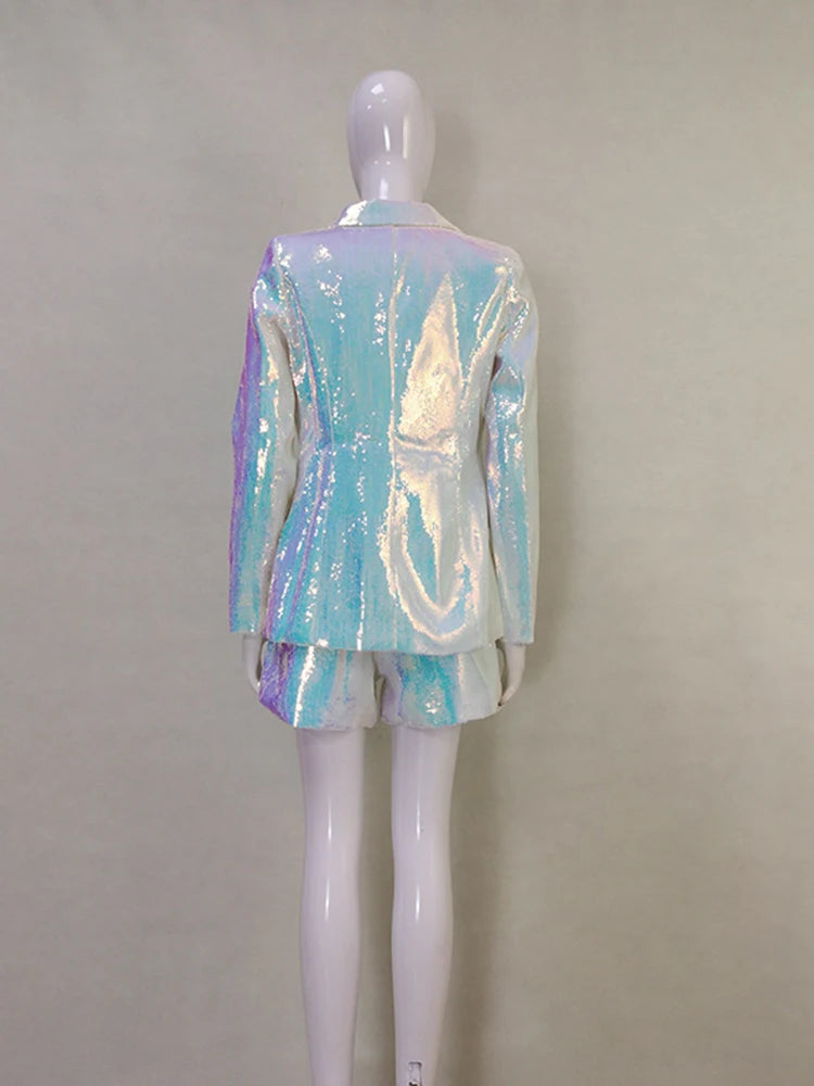 Conjunto de traje elegante para mujer, blazer y pantalones cortos con lentejuelas brillantes y un solo botón.