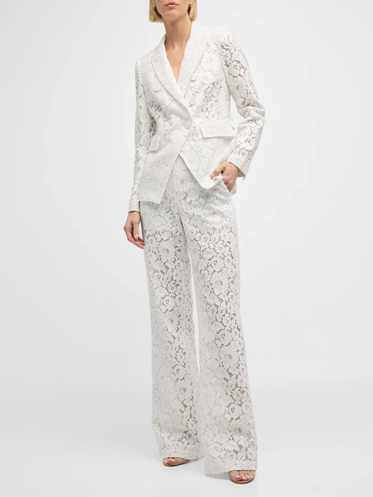 Ensemble 2 pièces blazer et pantalon en dentelle fine pour femme, style estival