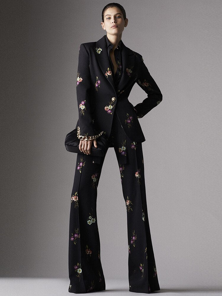 Fashion Designer Suit Set Women's Elegant Floral Printed Single Button Blazer Flare Pants Suit 2pcs