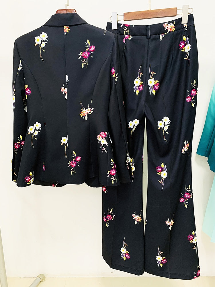 Fashion Designer Suit Set Women's Elegant Floral Printed Single Button Blazer Flare Pants Suit 2pcs