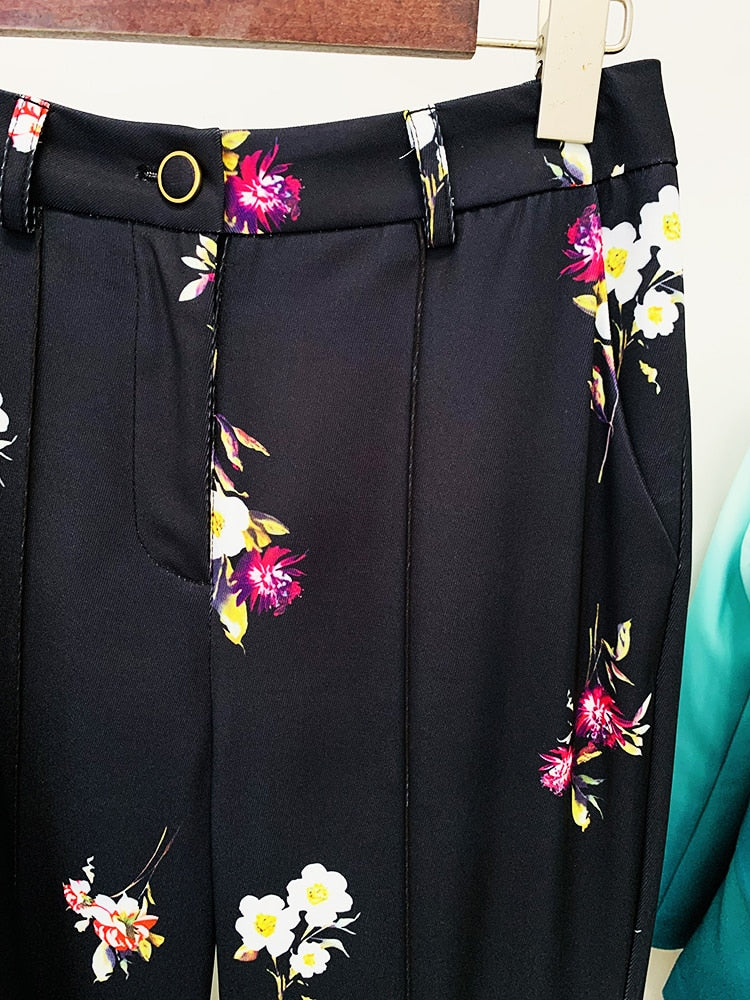 Fashion Designer Suit Set Women's Elegant Floral Printed Single Button Blazer Flare Pants Suit 2pcs