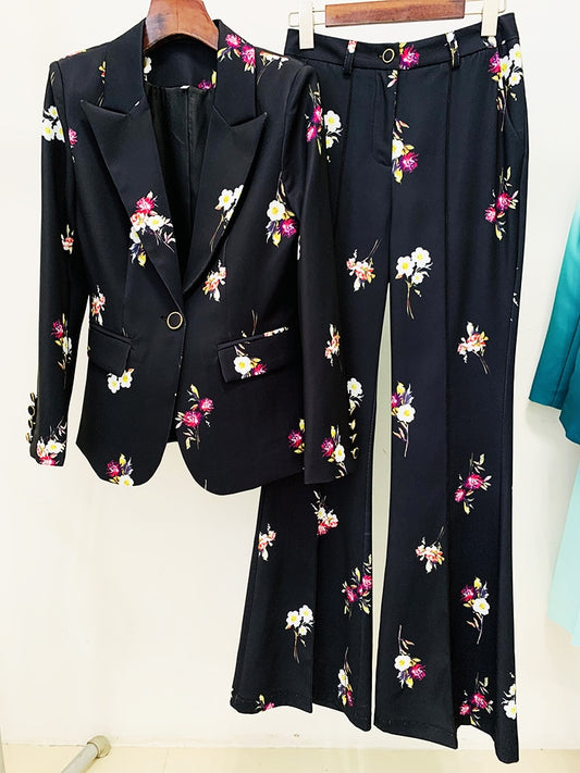 Fashion Designer Suit Set Women's Elegant Floral Printed Single Button Blazer Flare Pants Suit 2pcs