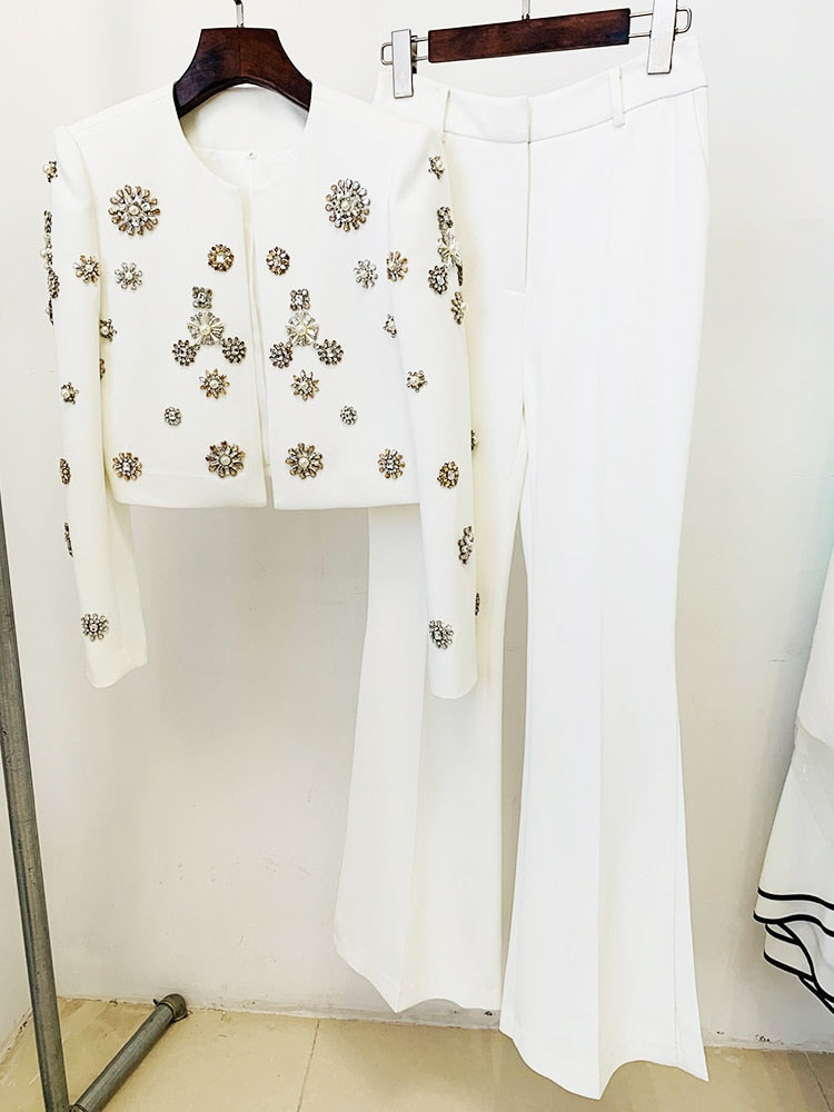 Fashion Designer Suit Set Women's Pearls Diamonds Rhinestone Beaded Trimed Jacket Flare Slit Pants Suit