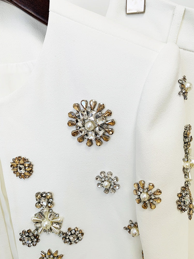 Fashion Designer Suit Set Women's Pearls Diamonds Rhinestone Beaded Trimed Jacket Flare Slit Pants Suit