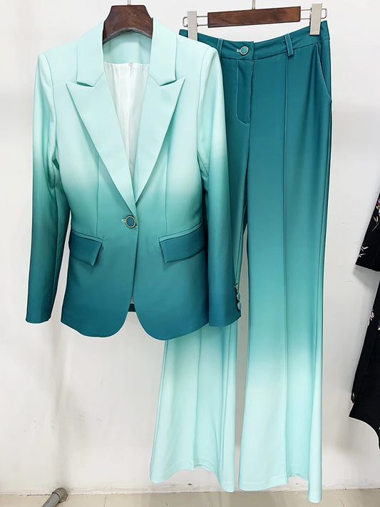 Suit Set Women's Gradient Color Printed Single Button Blazer Flare Pants Suit 2pcs
