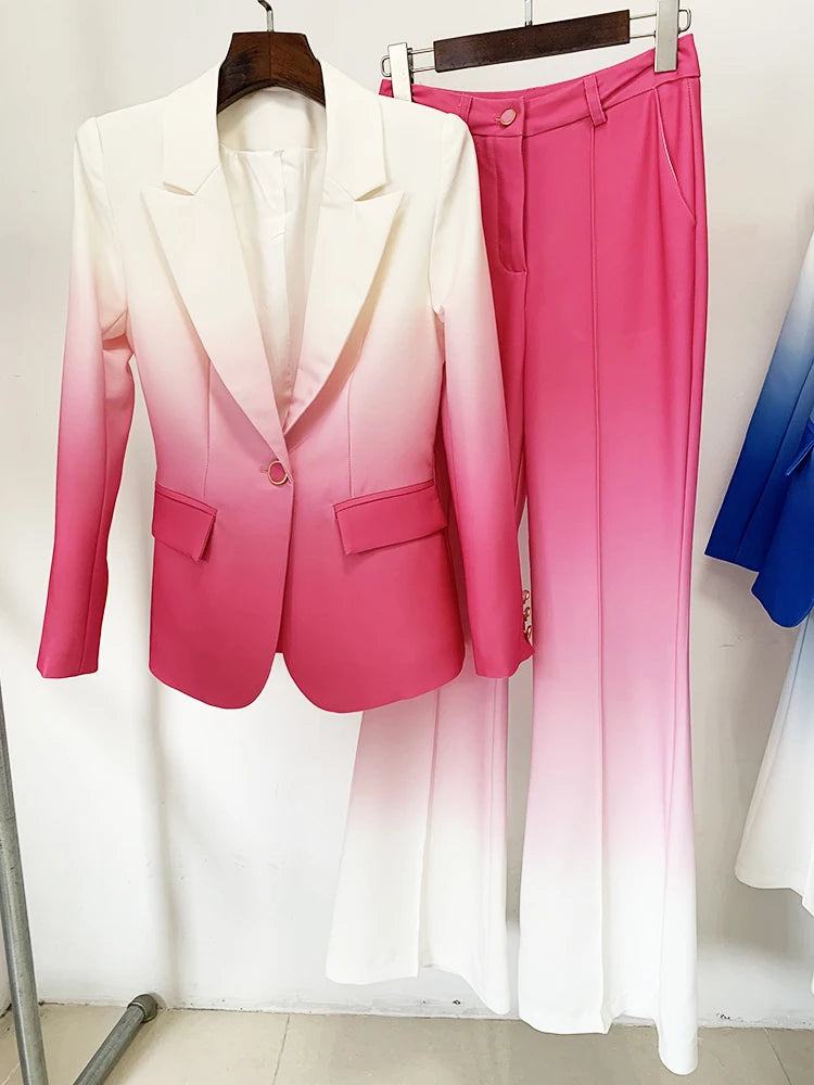 Conjunto de traje para mujer, blazer con estampado de degradado de un solo botón y pantalón acampanado, 2 piezas