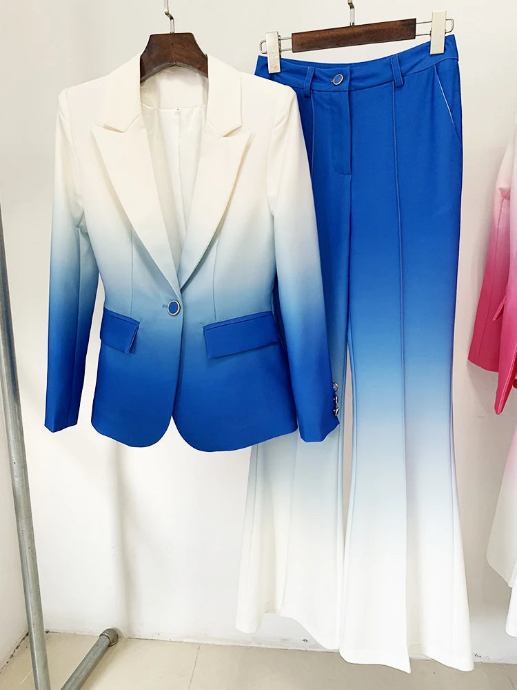 Conjunto de traje para mujer, blazer con estampado de degradado de un solo botón y pantalón acampanado, 2 piezas