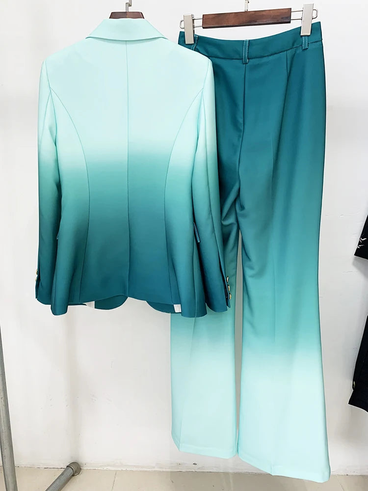 Conjunto de traje para mujer, blazer con estampado de degradado de un solo botón y pantalón acampanado, 2 piezas