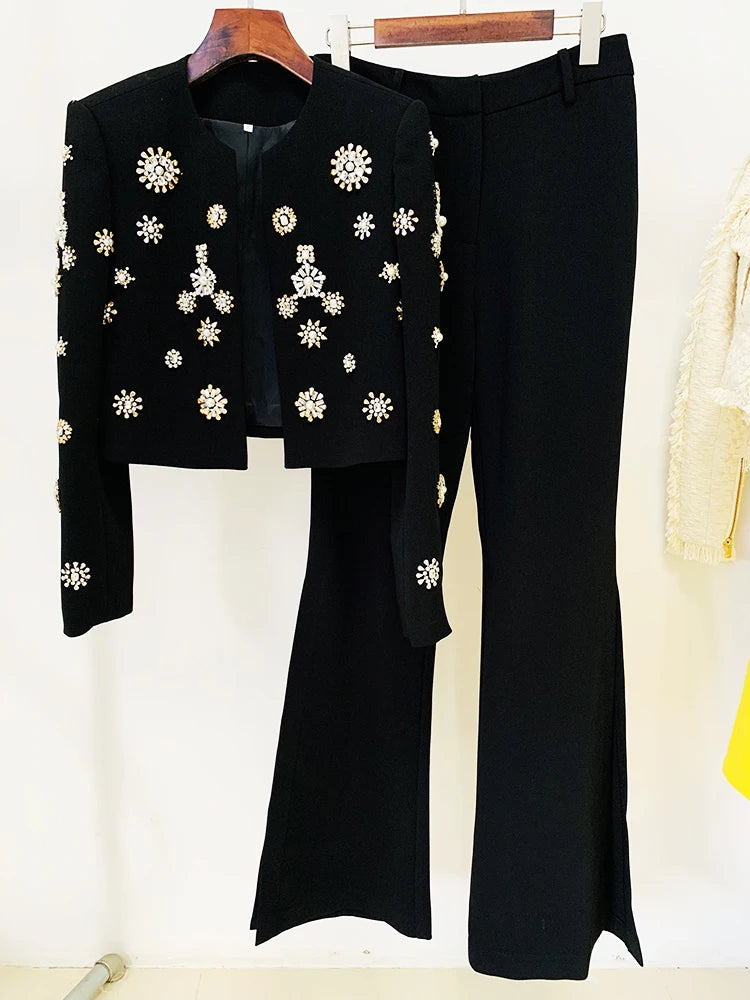 Suit Set Women's Pearls Diamonds Rhinestone Beaded Trimed Jacket Flare Slit Pants Suit