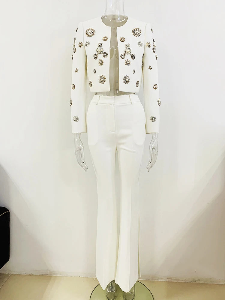 Suit Set Women's Pearls Diamonds Rhinestone Beaded Trimed Jacket Flare Slit Pants Suit