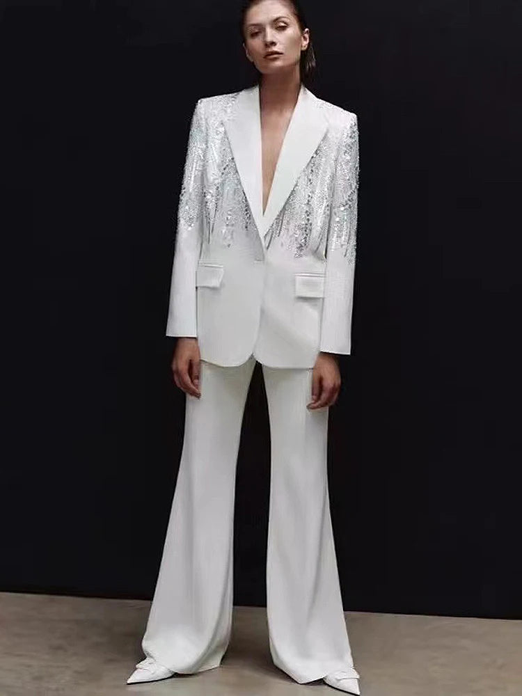 Newest Fashion Suit Set Women's Sequined Beading Single Button Blazer Flare Pants Set 2pcs