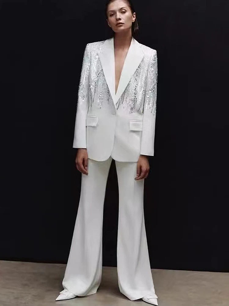 Conjunto de traje de moda para mujer, blazer con un solo botón y pantalones acampanados, 2 piezas