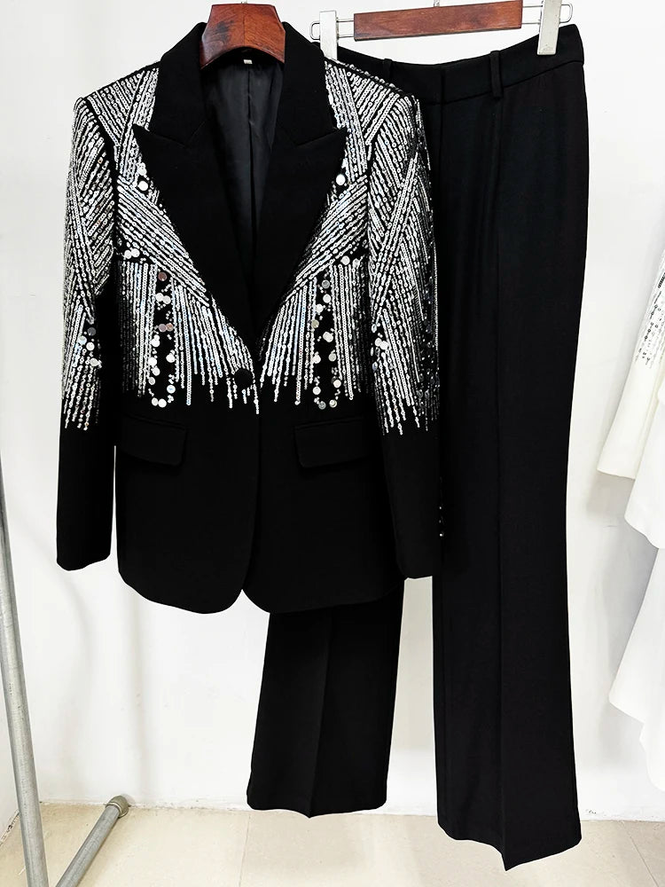 Conjunto de traje de moda para mujer, blazer con un solo botón y pantalones acampanados, 2 piezas