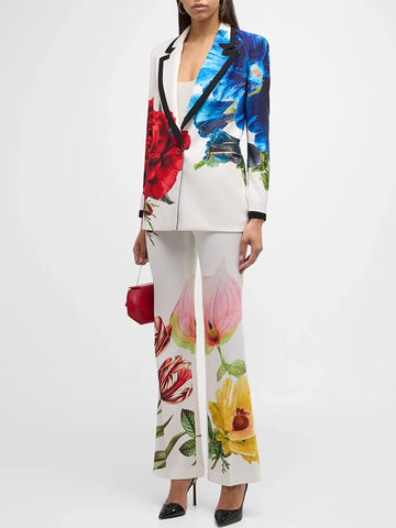 Suit Set Women's Single Button Gorgeous Floral Printed Blazer Suit Pants Set