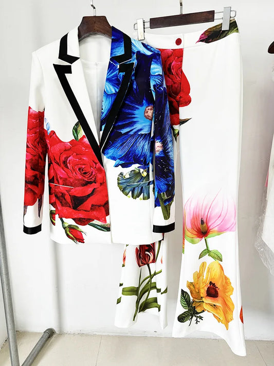 Suit Set Women's Single Button Gorgeous Floral Printed Blazer Suit Pants Set