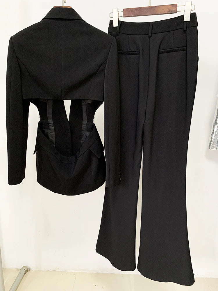 Ensemble de costume pour femme, blazer à bouton unique, pantalon évasé, ajouré, perles et diamants 