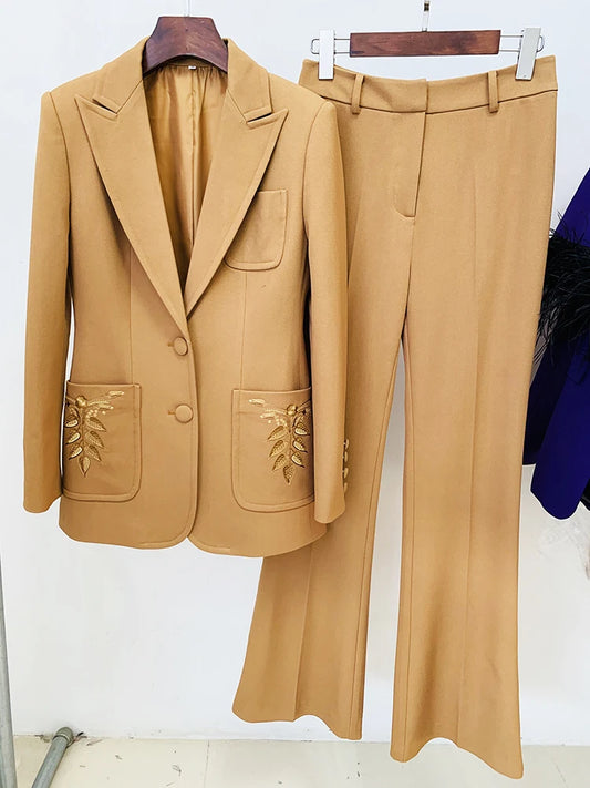 Newest Fashion Suit Set Women's  Slim Fit Single Breasted Embroidery Blazer Pants Set 2pcs