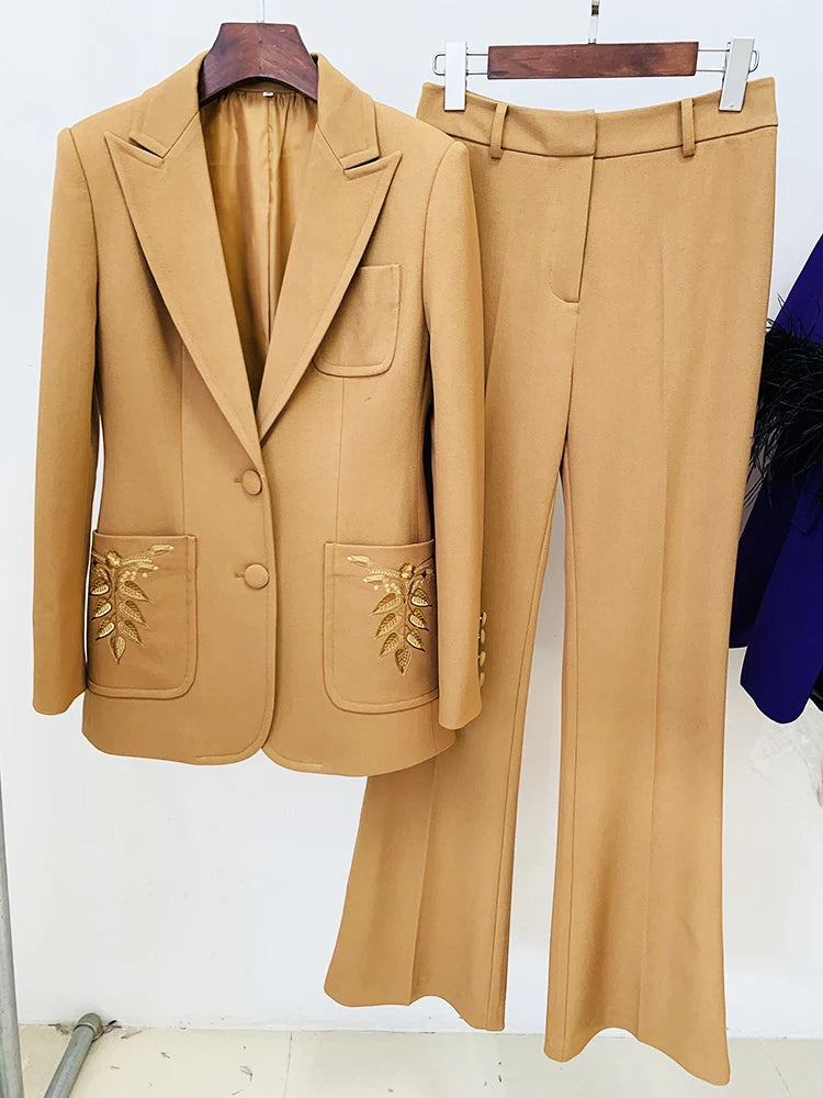 Conjunto de traje de moda más nuevo para mujer, blazer ajustado con bordado de botonadura sencilla, conjunto de 2 piezas