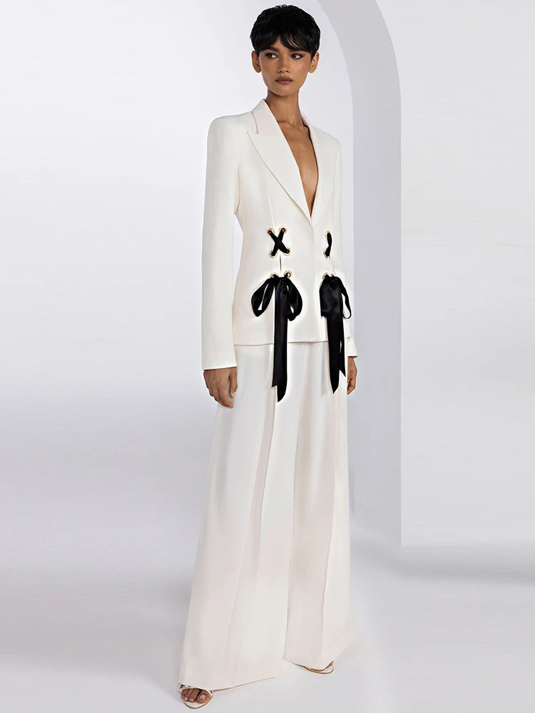 Fashion S/S Designer Runway Women's Ribbons Lacing Single Button Blazer Suit Straight Pants Set 2pcs